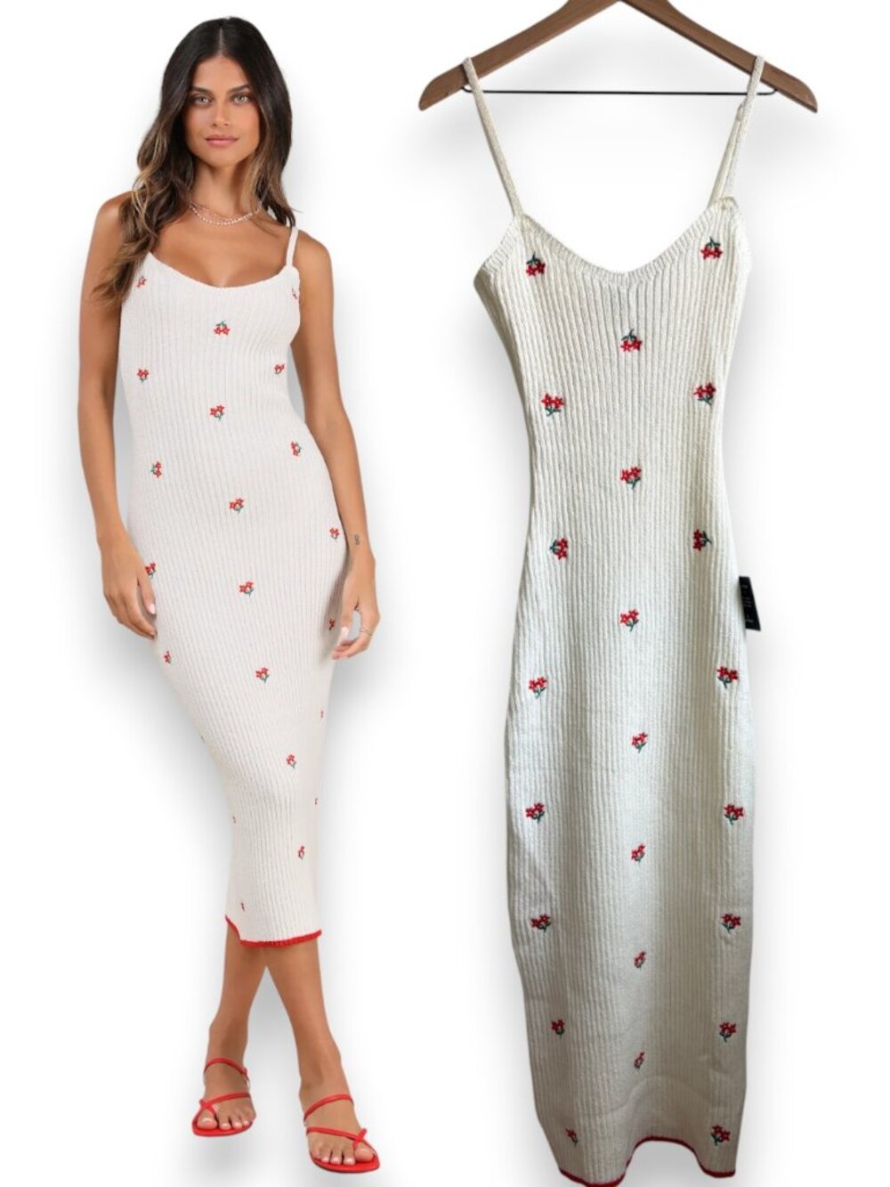 NWT Lulus Kiana Ivory floral embroidered sweater, midi dress stretchy small